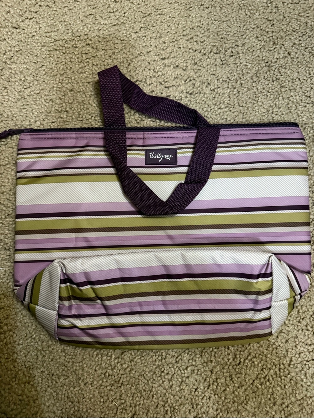 NWOT Thirty-one Lavender and Olive Striped insulated Lunch bag